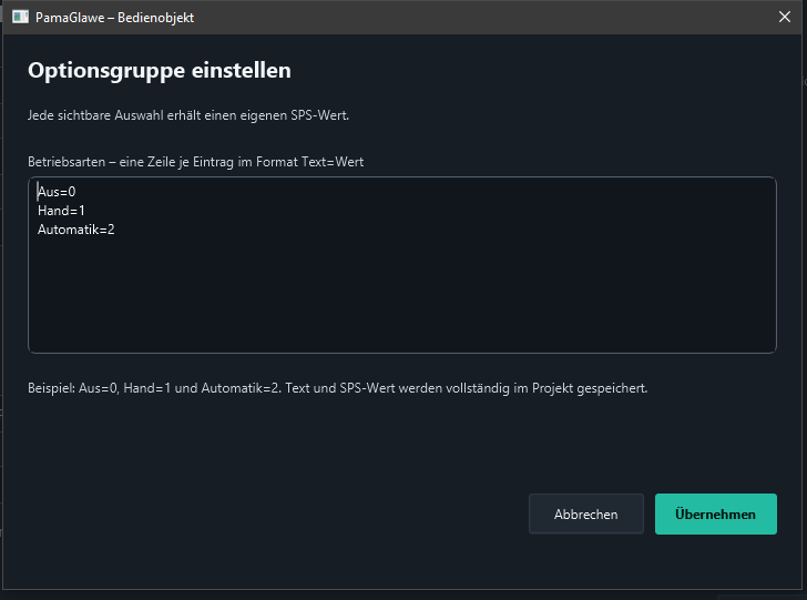Default mapping: Aus = 0, Hand = 1 and Automatik = 2. Apply the list.