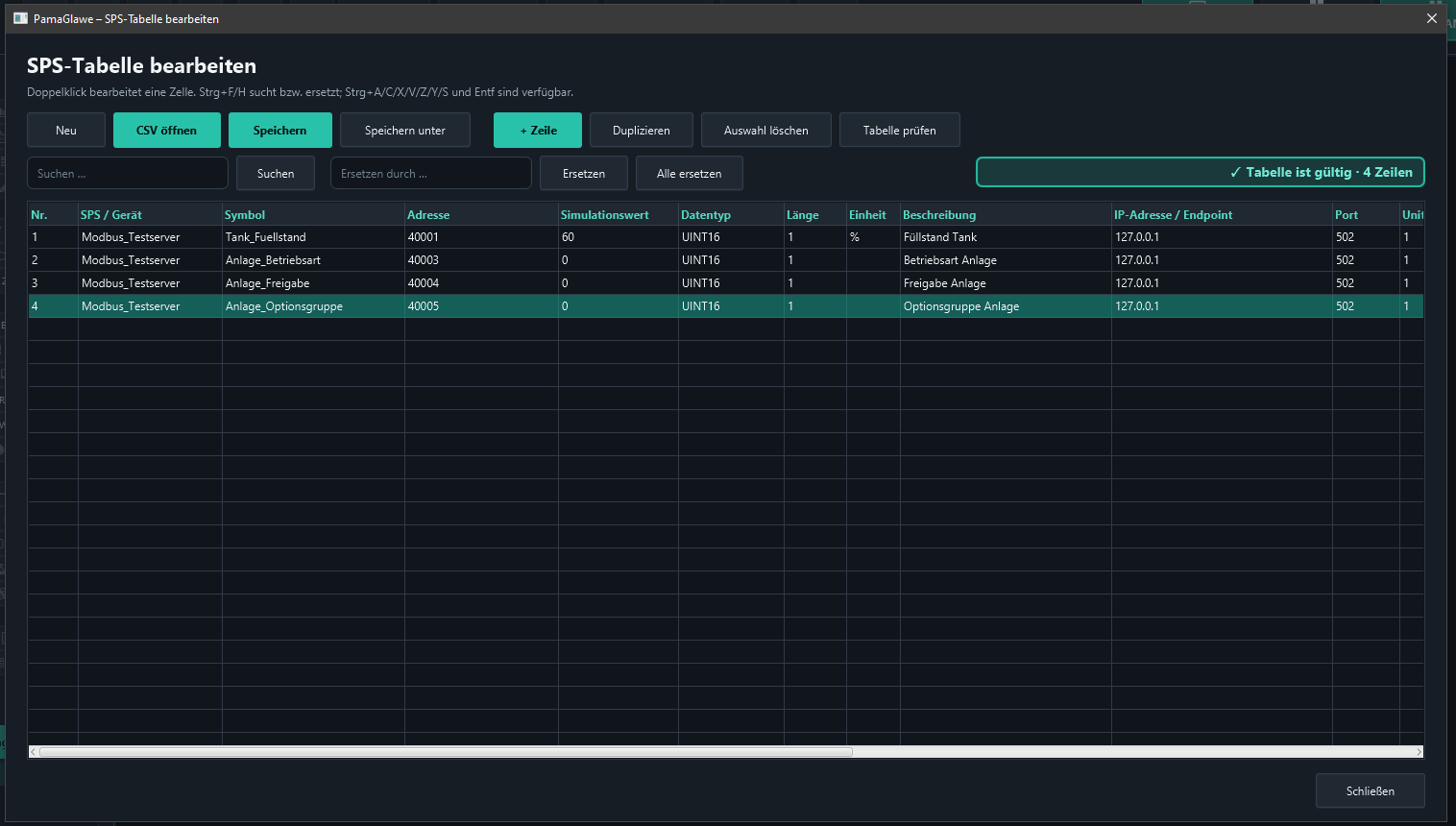 Validation confirms four valid rows. Save, close the editor and assign Anlage_Optionsgruppe to the object.