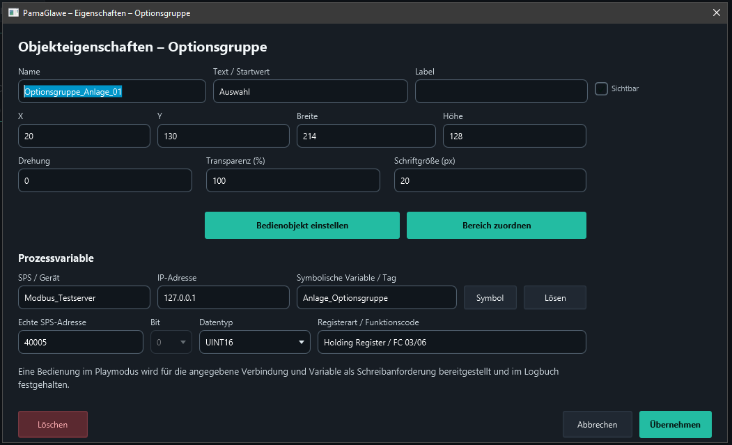 Optionsgruppe_Anlage_01 and its complete assignment are prepared. Apply the properties and save.
