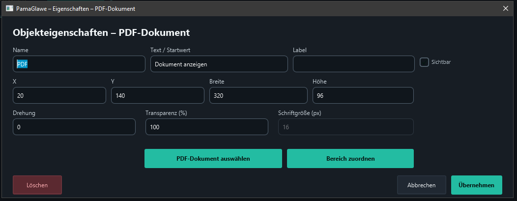 Object properties with caption, position, size and PDF document selection.