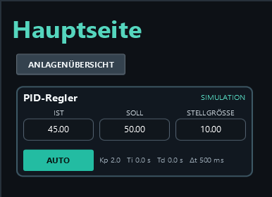 AUTO: measured value 45, setpoint 50 and output 10.