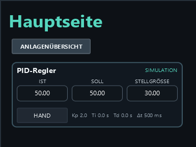 HAND: output manually set to 30 while measured value and setpoint are both 50.