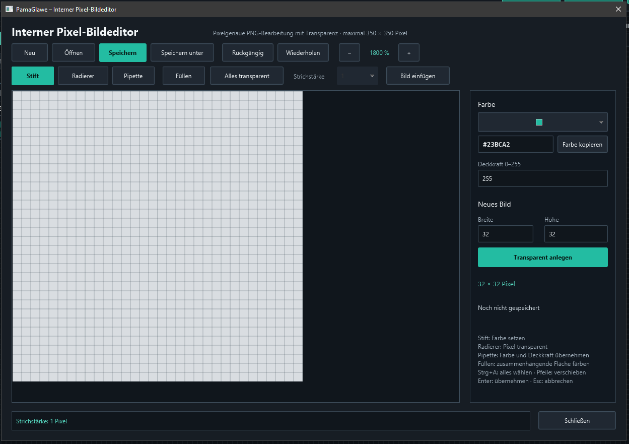 Pixel editor with a transparent 32 × 32 image at 1800% zoom, pencil and full opacity.