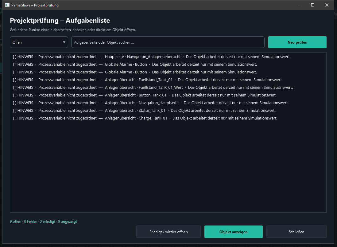 Project check: nine open notices about unassigned process variables and no open errors.