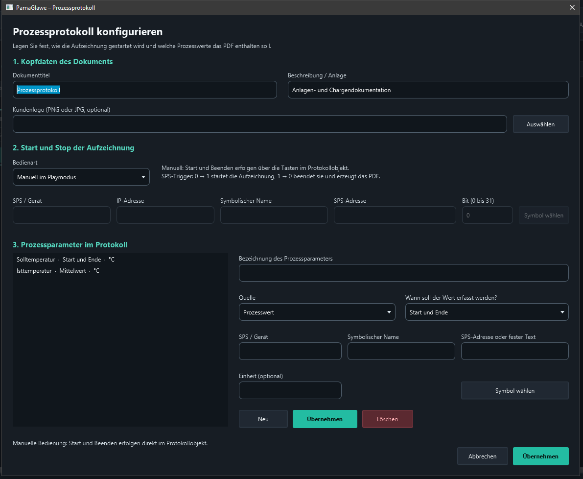 Configuration with document header, start/stop settings and process parameters.