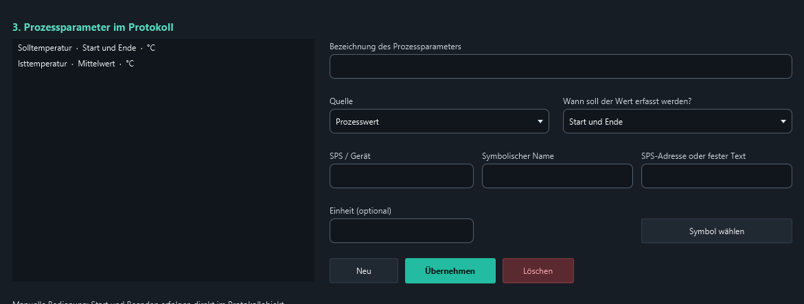 Process parameters: list, source, capture mode and applying an entry.