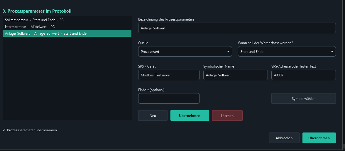 Anlage_Sollwert: applied parameter from Modbus_Testserver, address 40007, captured at start and end.