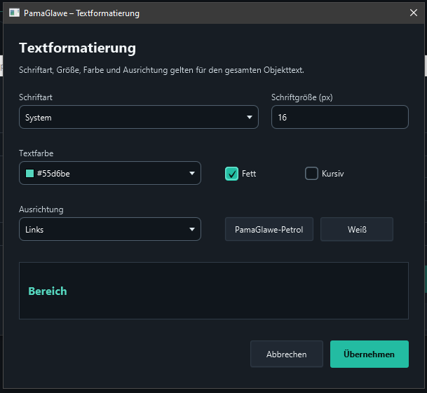 Text formatting: System, 16 px, teal, bold and left aligned.