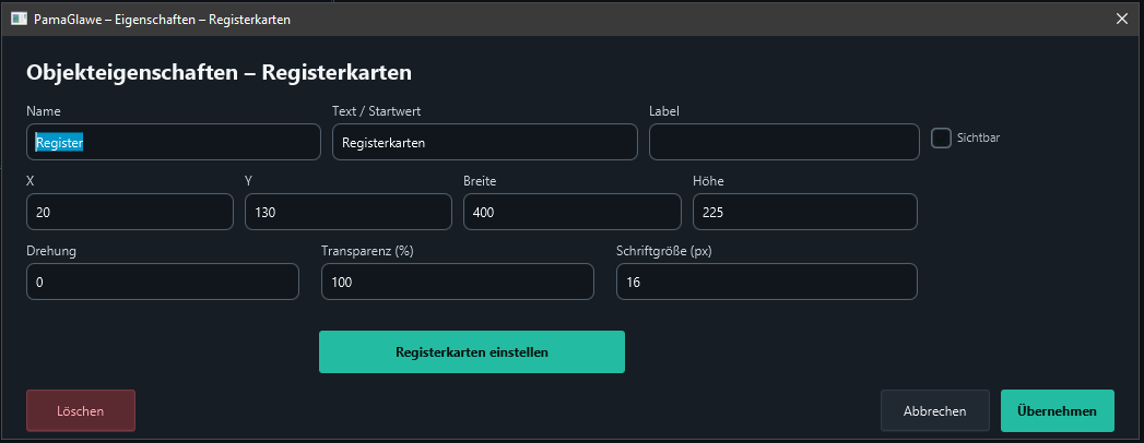 Object properties: position, size and tab settings.