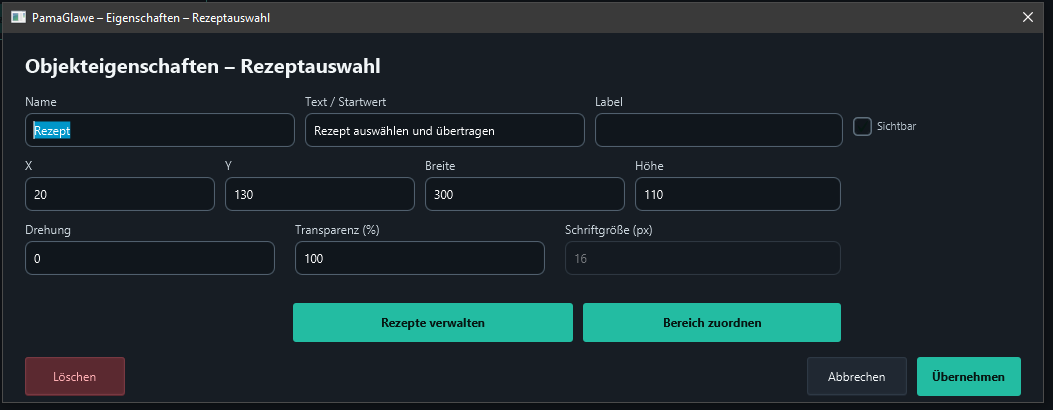Recipe selector object properties.