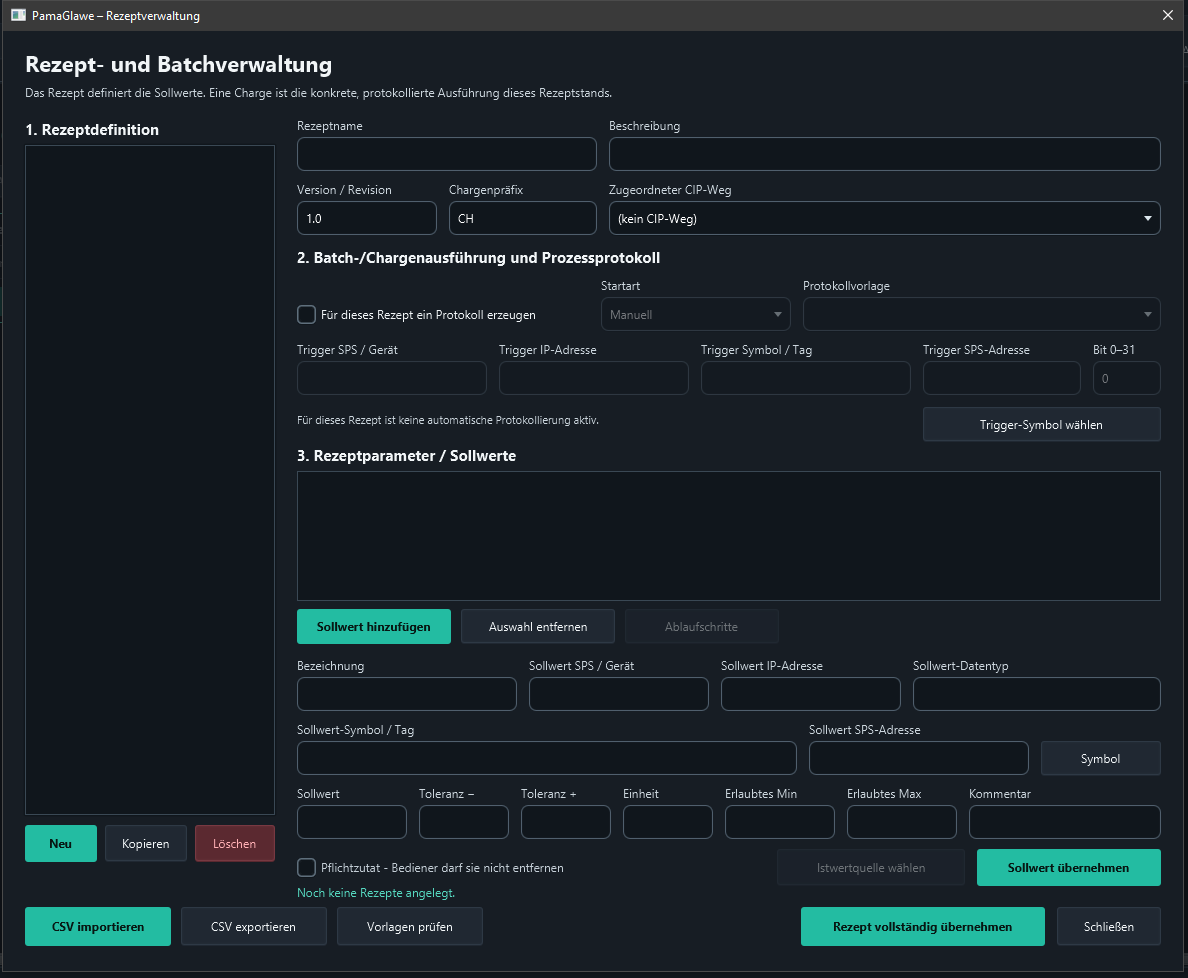 Recipe and batch management before creating the first recipe.