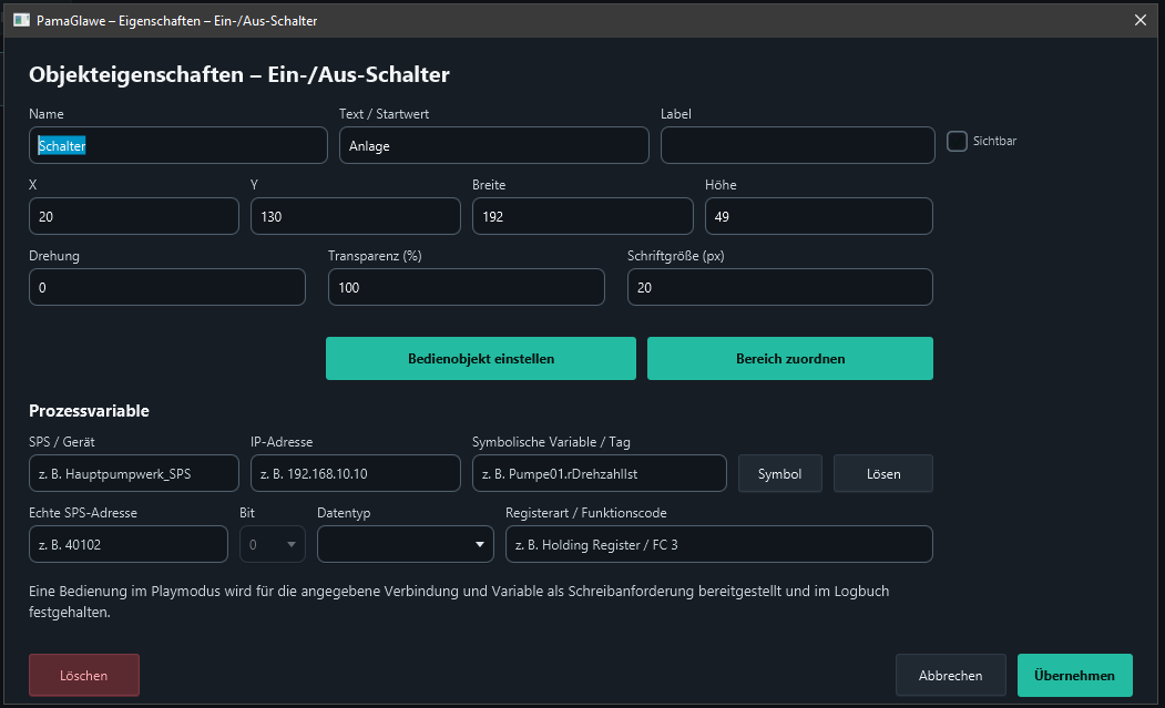 Anlage is the fixed text; no process variable is assigned. Configure both states through Bedienobjekt einstellen.