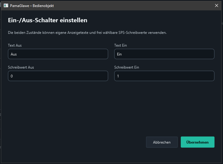 Default mapping: Aus uses 0 and Ein uses 1. Apply the settings.