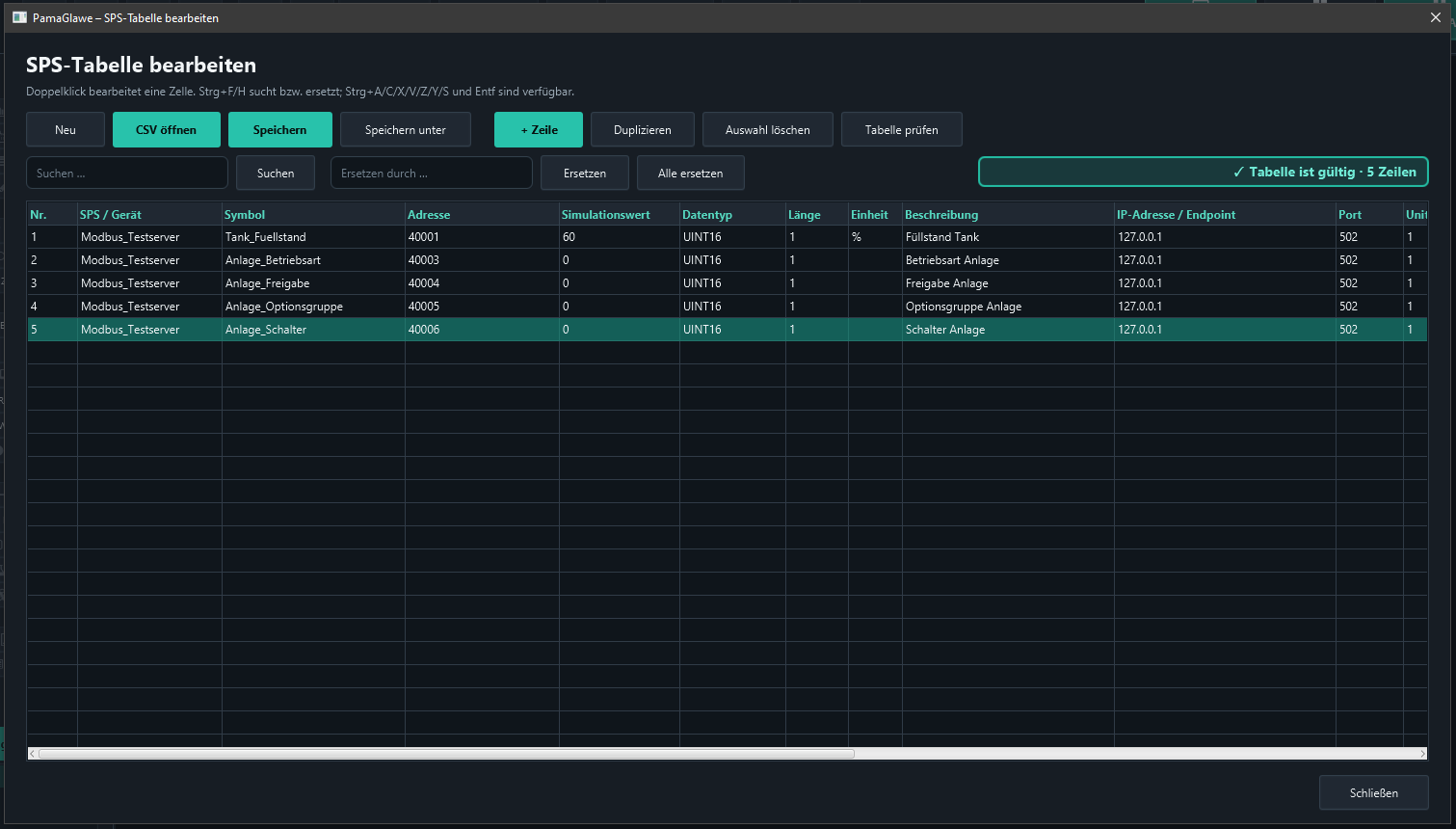 Validation confirms five valid rows. Save the table and close the editor.
