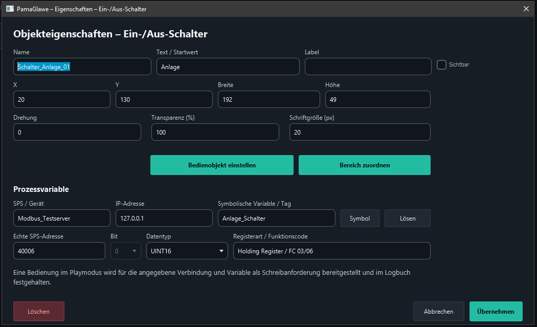 Schalter_Anlage_01 and its complete assignment are prepared. Apply the properties and save.