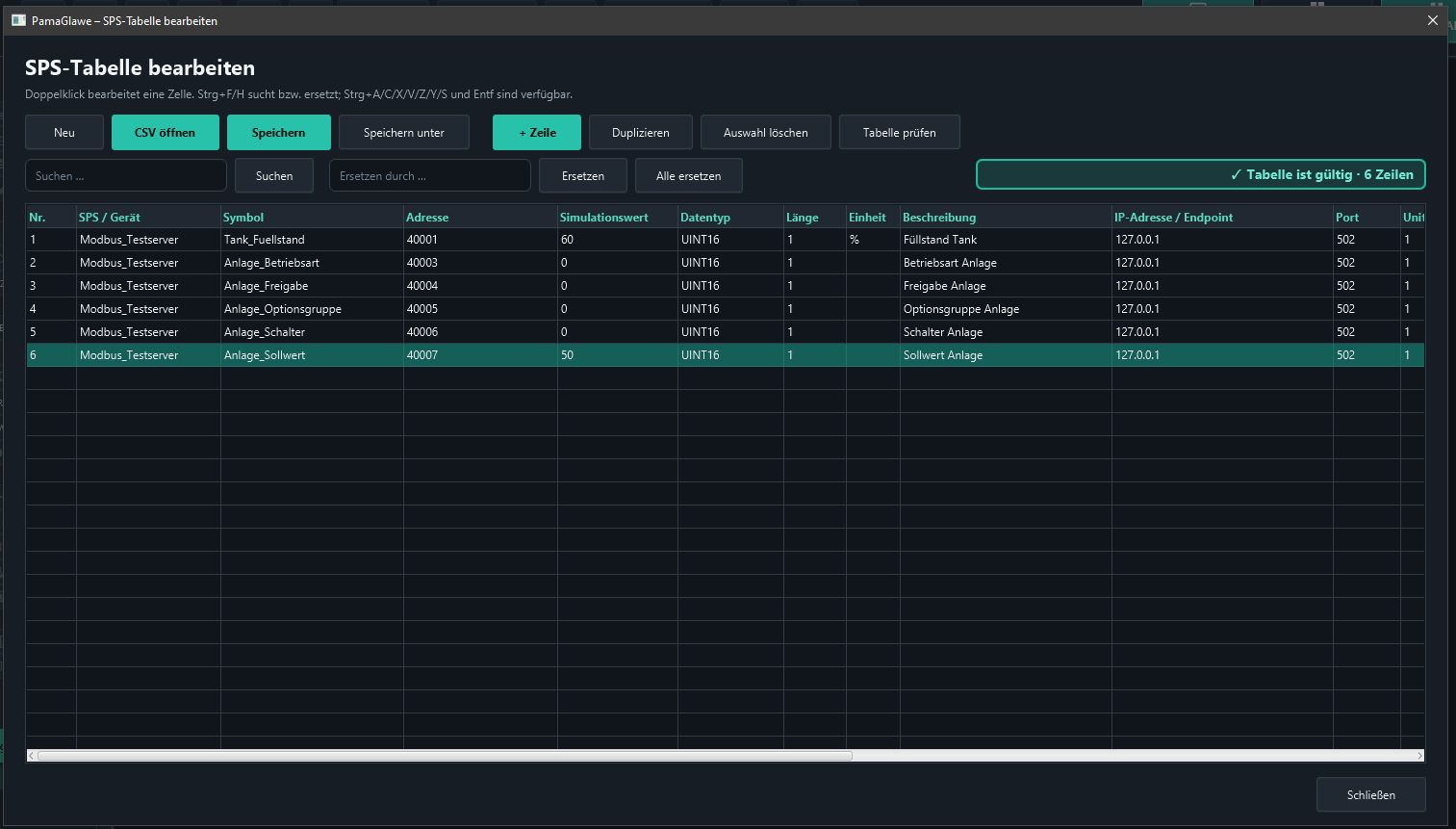 Validation confirms six valid rows. Save the table and close the editor.