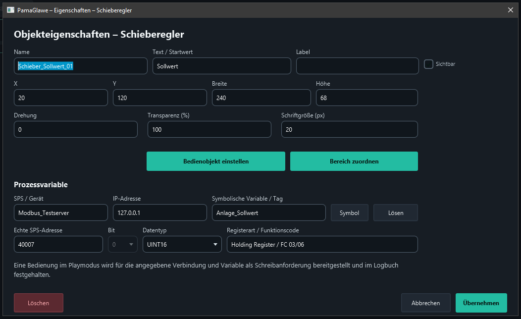 Schieber_Sollwert_01 and its complete assignment are prepared. Apply the properties and save.