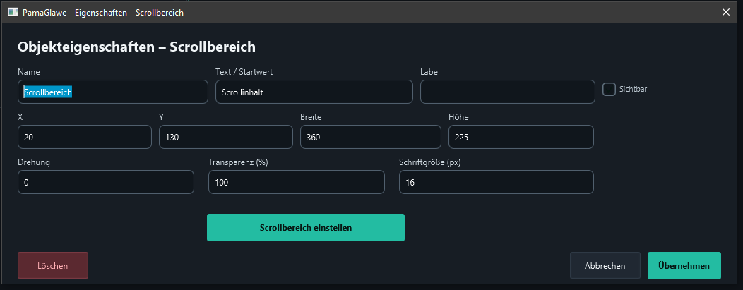 Object properties: heading, position and visible size.