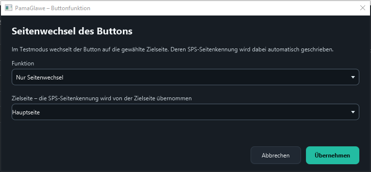 The dialog heading now reads Seitenwechsel des Buttons (button page navigation).