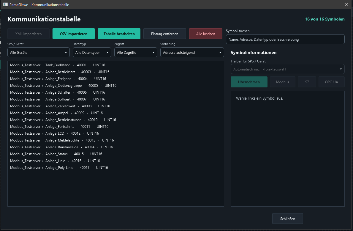 Communication table with 16 Modbus_Testserver symbols and XML import disabled.