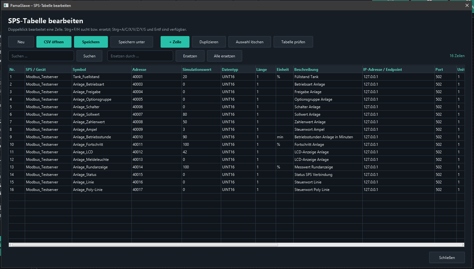Table editor with 16 example signals; horizontal scrolling reveals additional columns.