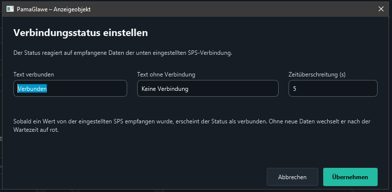 Connected text Verbunden, disconnected text Keine Verbindung and timeout 5 seconds.