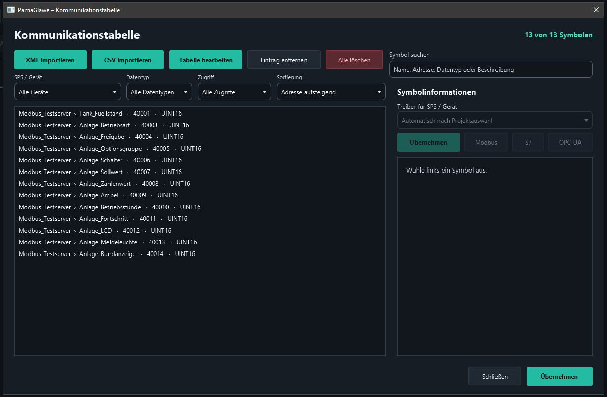 Open Tabelle bearbeiten to add the example status symbol.