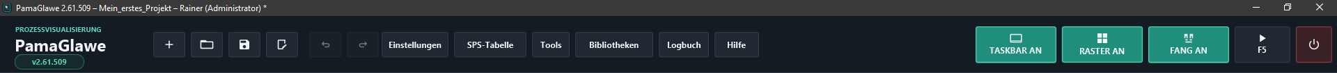 The design-mode top bar in PamaGlawe 2.61.509: project commands, tools, display switches, Play and Exit.