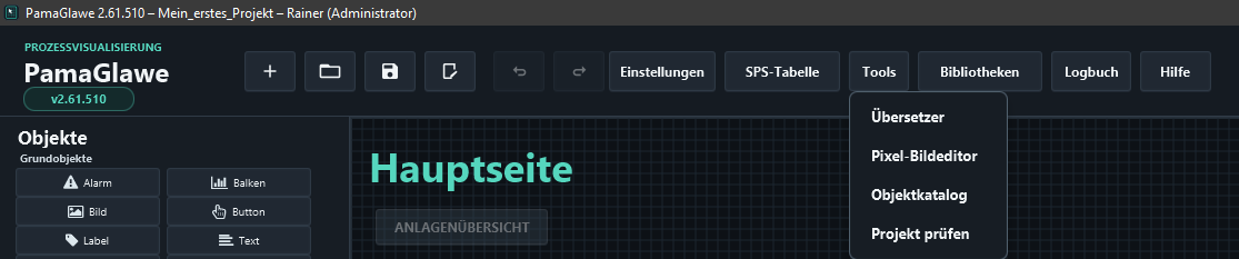 Tools menu in version 2.61.510: Translator, Pixel image editor, Object catalogue and Check project.