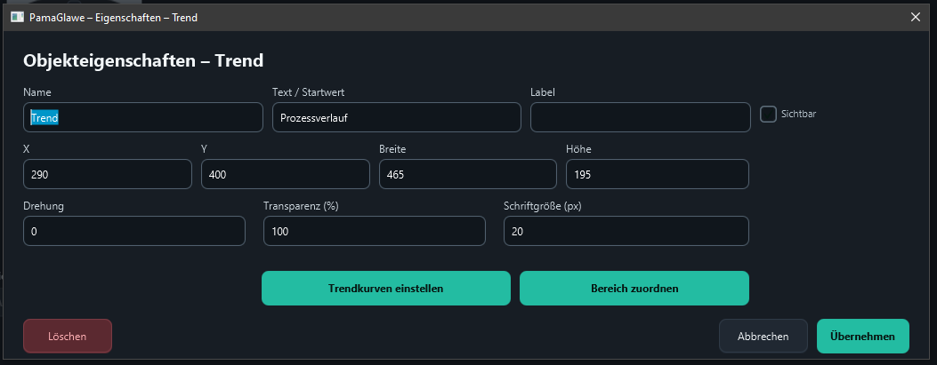Trendkurven einstellen opens curve settings; Bereich zuordnen attaches the object to tabs, a collapsible area or a scroll area.