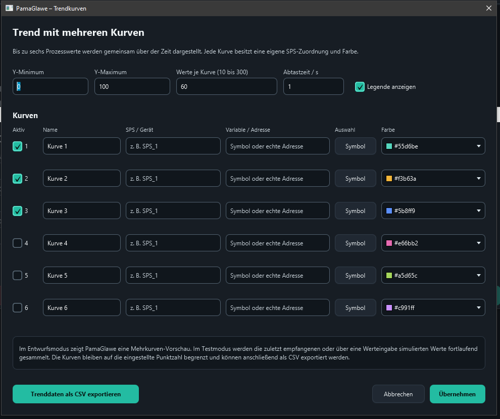 Initial settings with three active preview curves. Disable unneeded curves on the left.