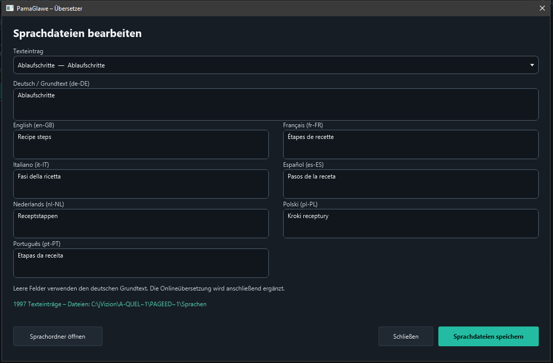 Edit language files: the selected German source Ablaufschritte with seven target languages and save controls.