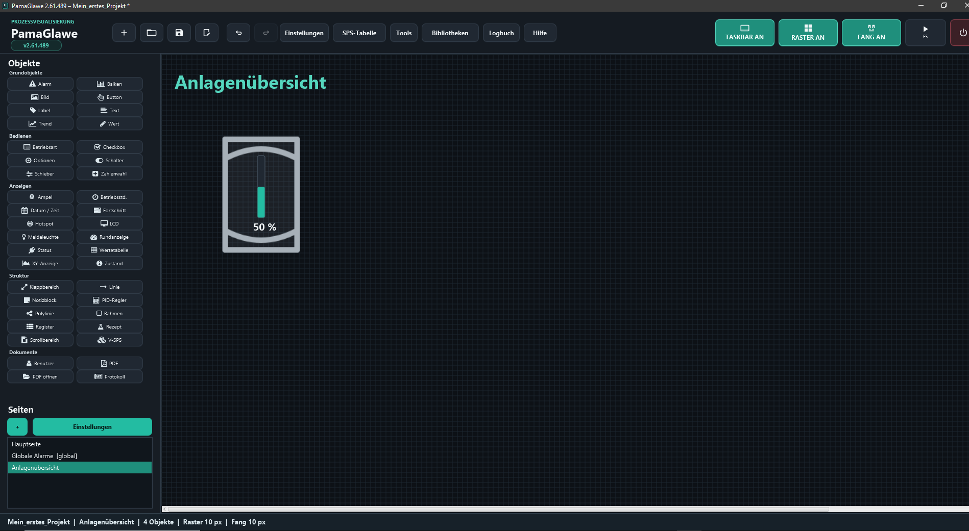 The result contains four objects: heading, tank image, bar and numeric output.