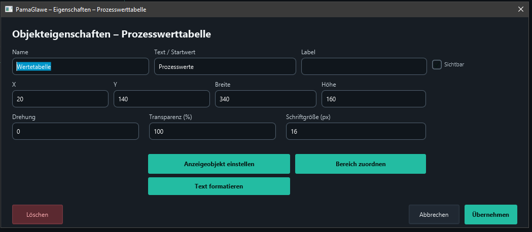 Text Prozesswerte, position 20/140, size 340 × 160 pixels and font size 16.