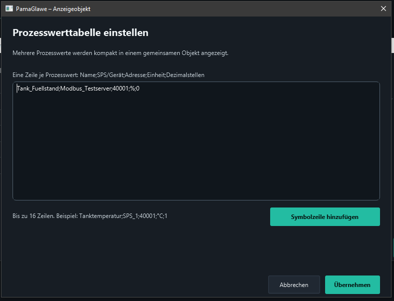 Tank_Fuellstand added with Modbus_Testserver, address 40001, unit % and zero decimal places.