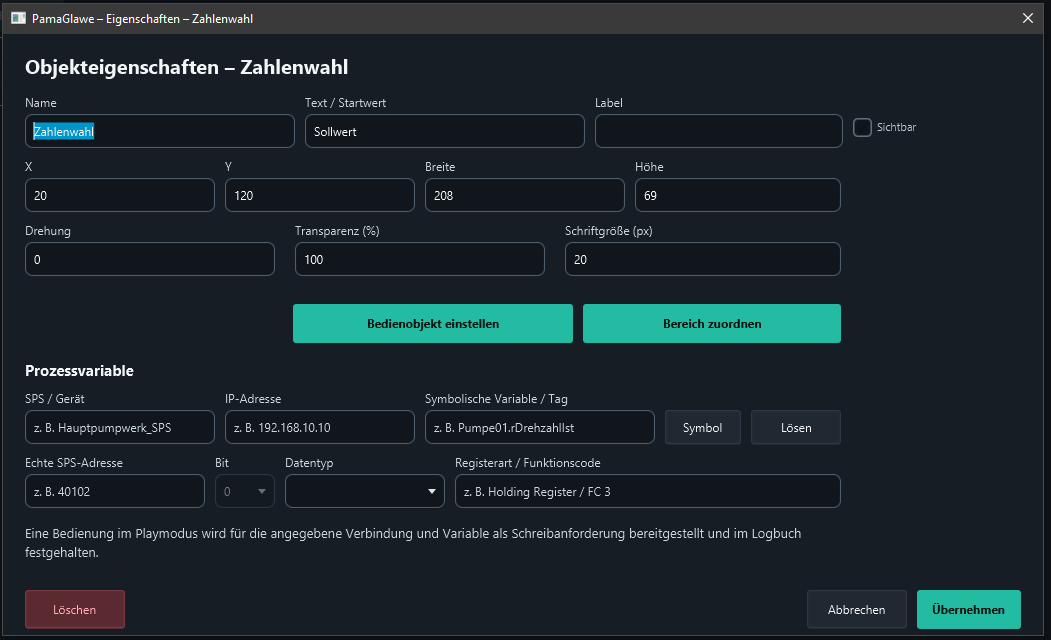 No process variable is assigned yet. Configure range and presentation through Bedienobjekt einstellen.