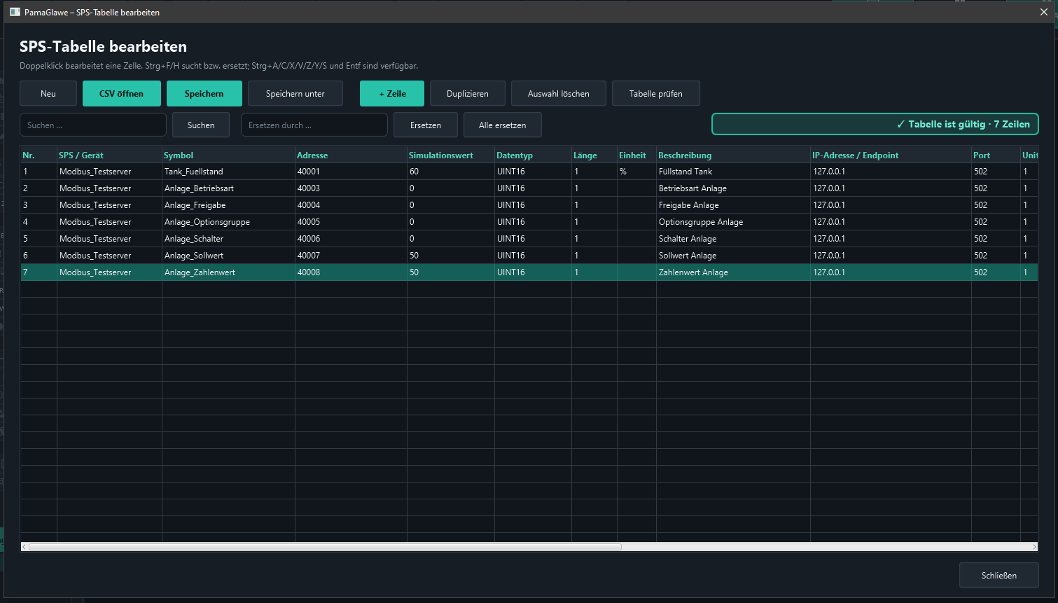 Validation confirms seven valid rows. Save the table and close the editor.