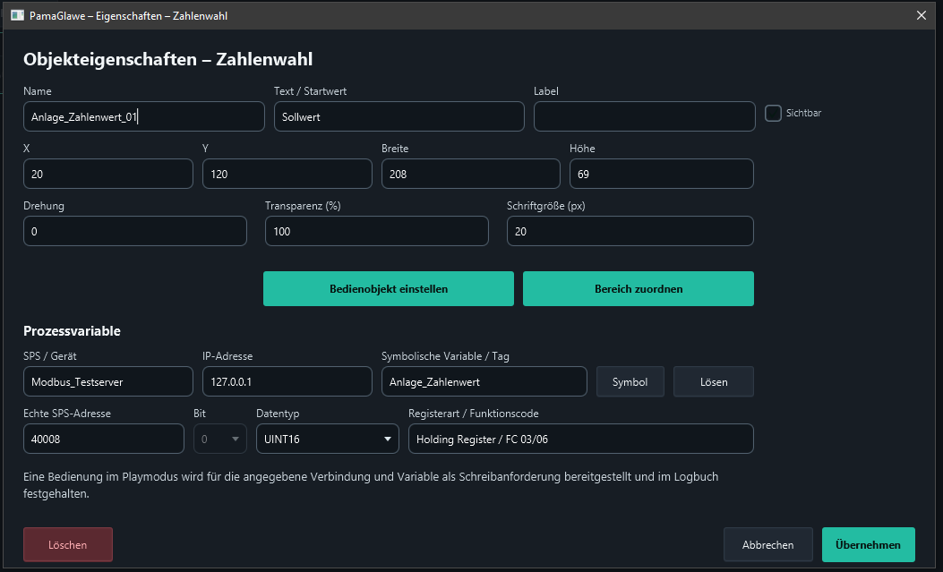 Anlage_Zahlenwert_01 and its complete assignment are prepared. Apply the properties and save.