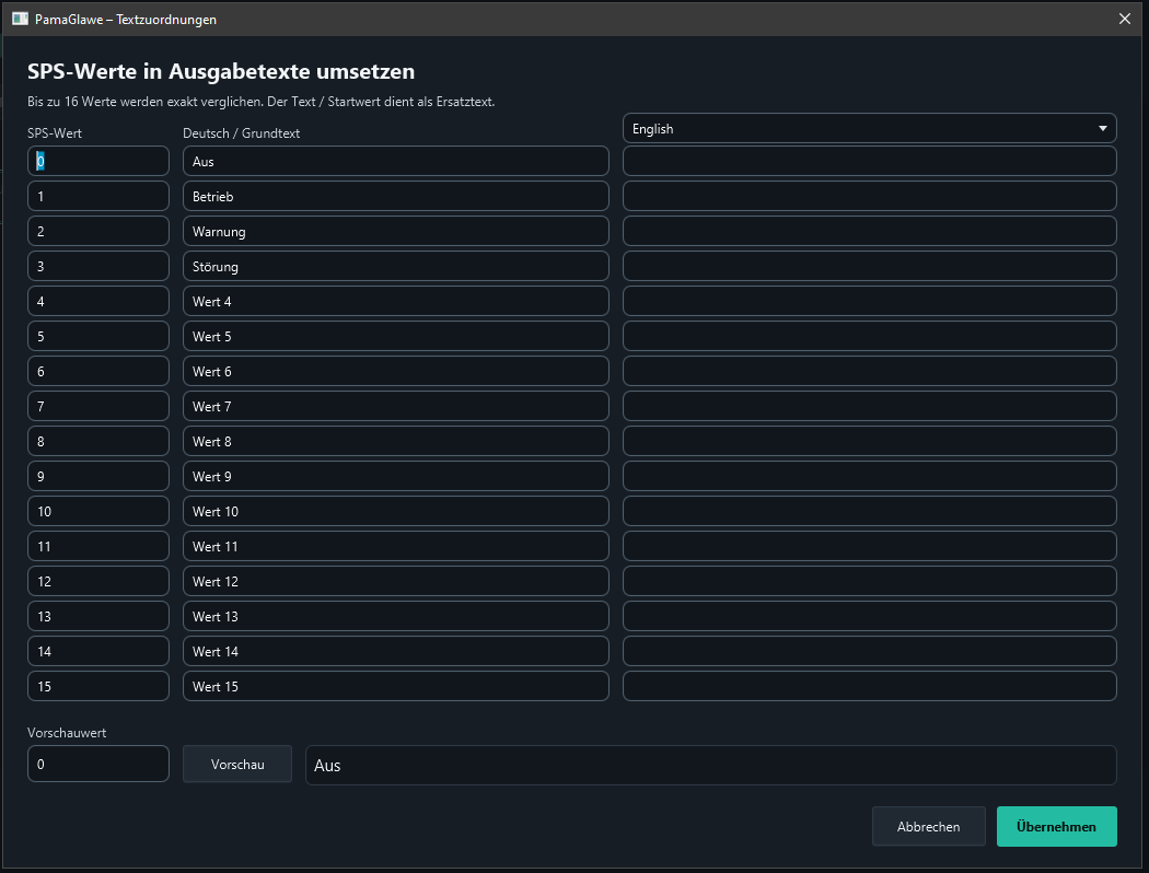 Up to sixteen values are compared exactly. The first four texts are Aus, Betrieb, Warnung and Störung.