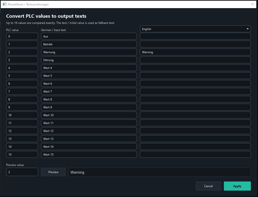 After switching the project language to English, value 2 produces the entered translation Warning.