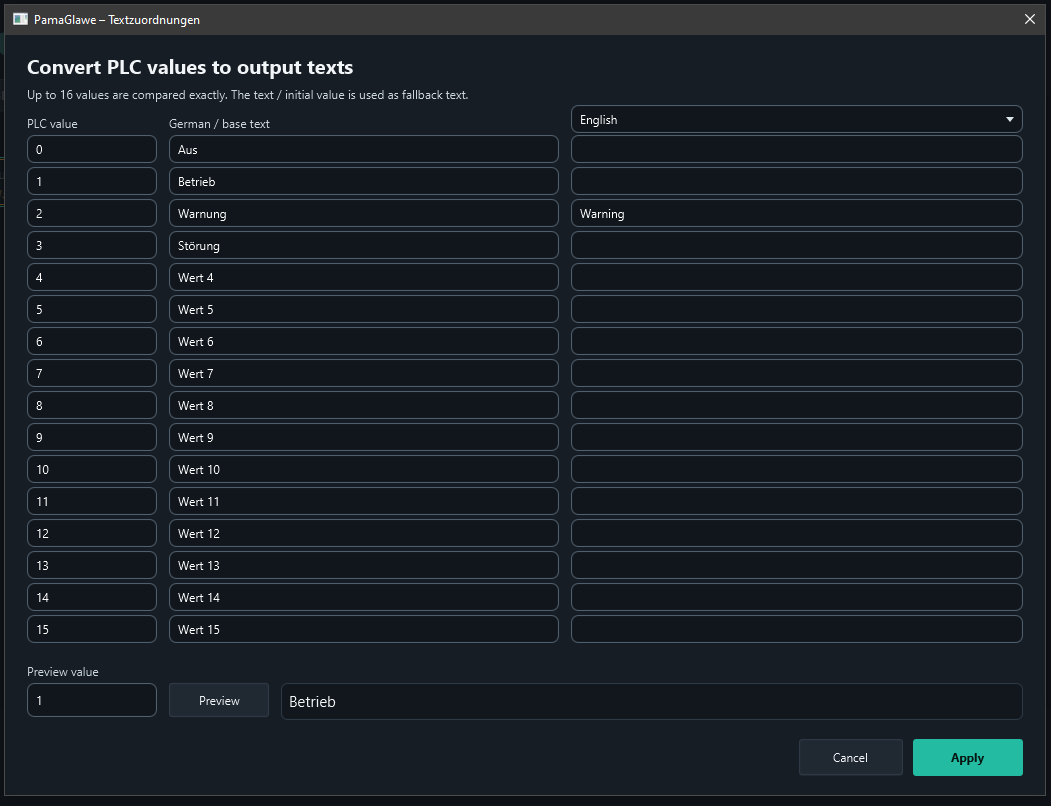 Value 1 has no English translation. The preview uses Betrieb from German / base text.