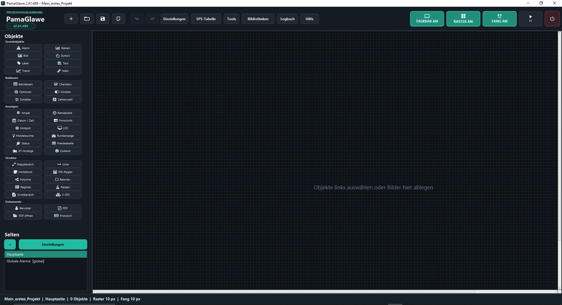 The new example project: Hauptseite selected, an empty canvas and 0 objects.