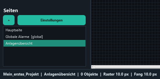 Anlagenübersicht has been added and highlighted. The status bar names the page currently being edited.
