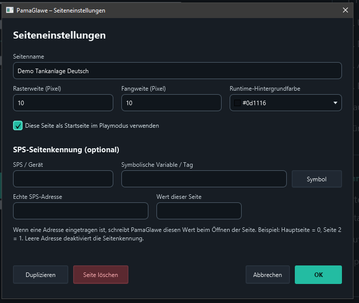 Page settings: the tank demo is selected as the fixed Play start page. The screenshot shows the German interface.